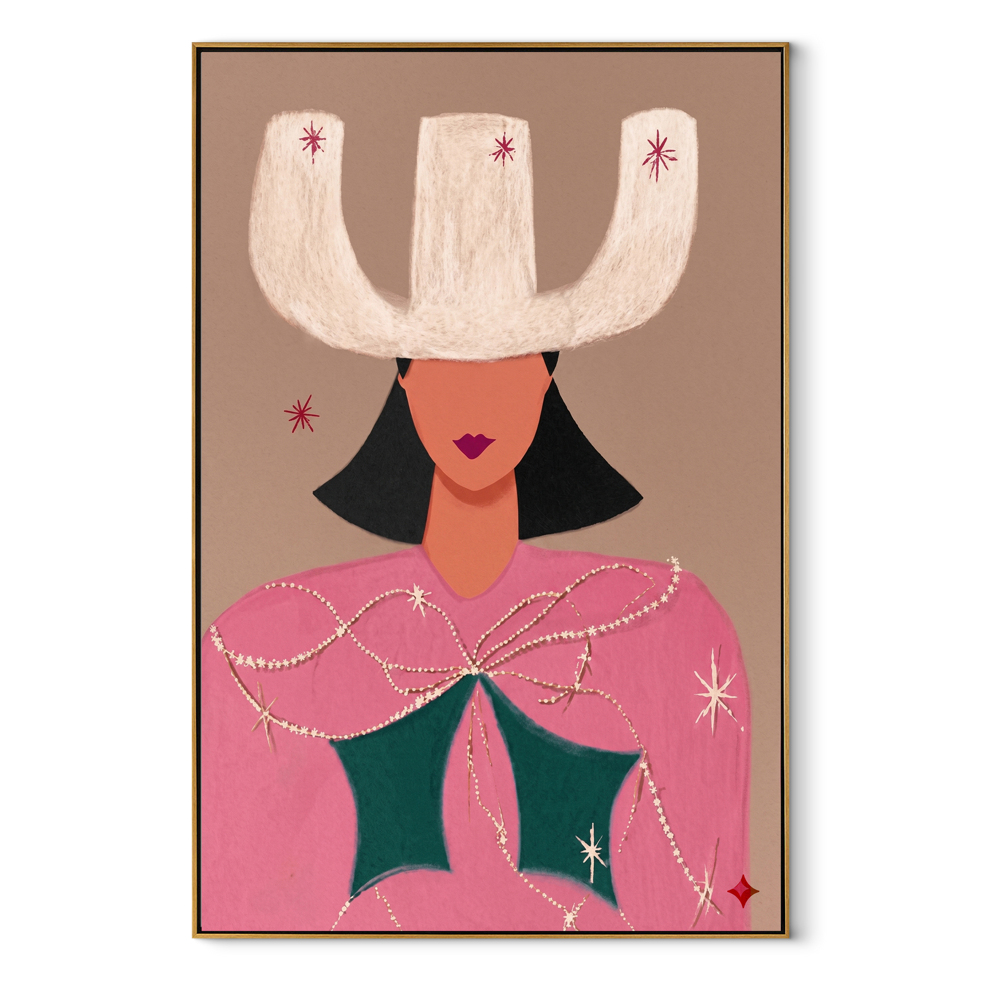 White Crown Frames Rose - surreal cowgirl portrait painting by Ethan Mercer, contemporary Western vertical wall art – wood frame on white background