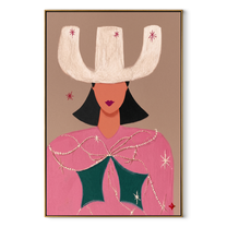 White Crown Frames Rose - surreal cowgirl portrait painting by Ethan Mercer, contemporary Western vertical wall art – wood frame on white background