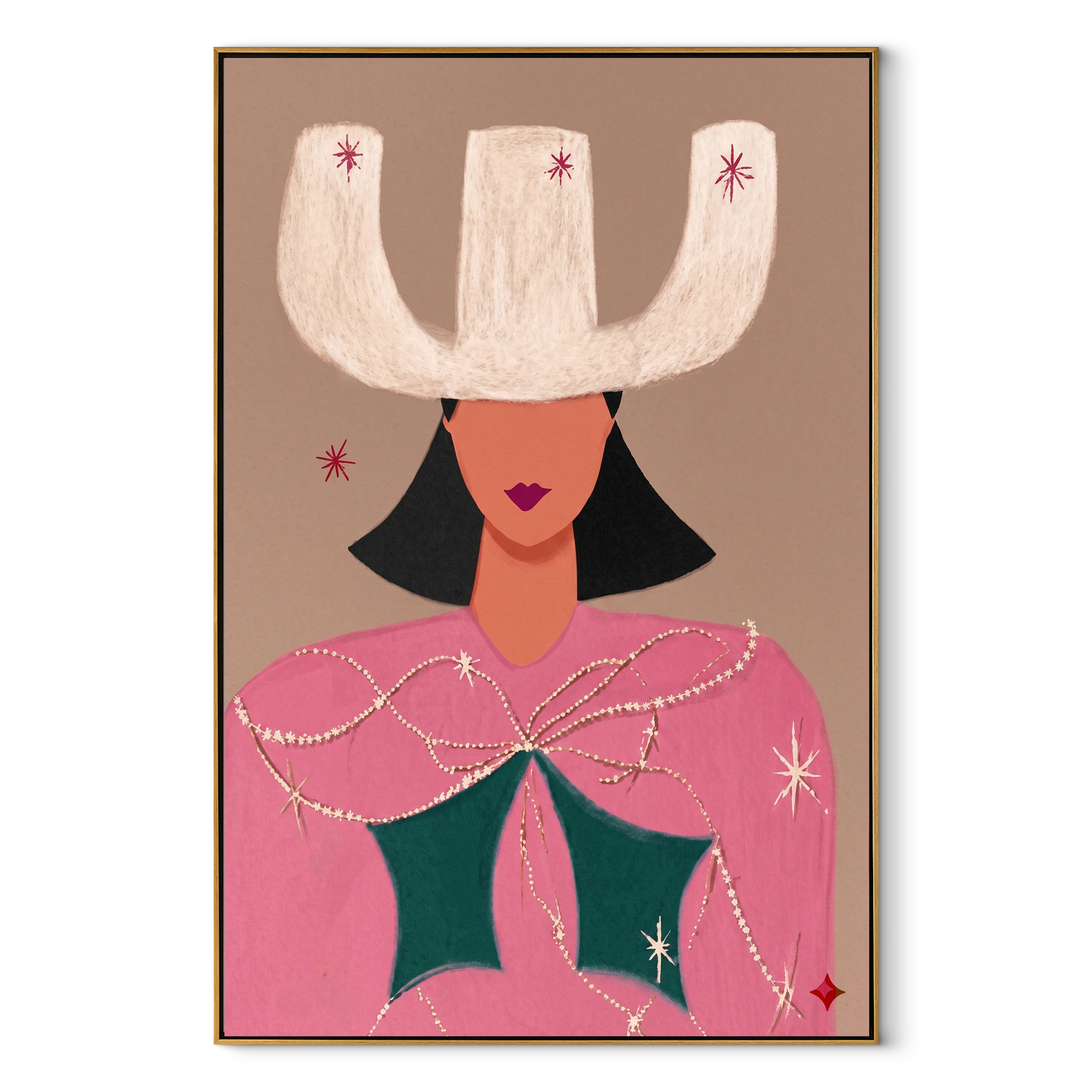 White Crown Frames Rose - surreal cowgirl portrait painting by Ethan Mercer, contemporary Western vertical wall art – wood frame on white background