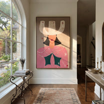 White Crown Frames Rose - surreal cowgirl portrait painting by Ethan Mercer, contemporary Western vertical wall art – styled room scene view 3