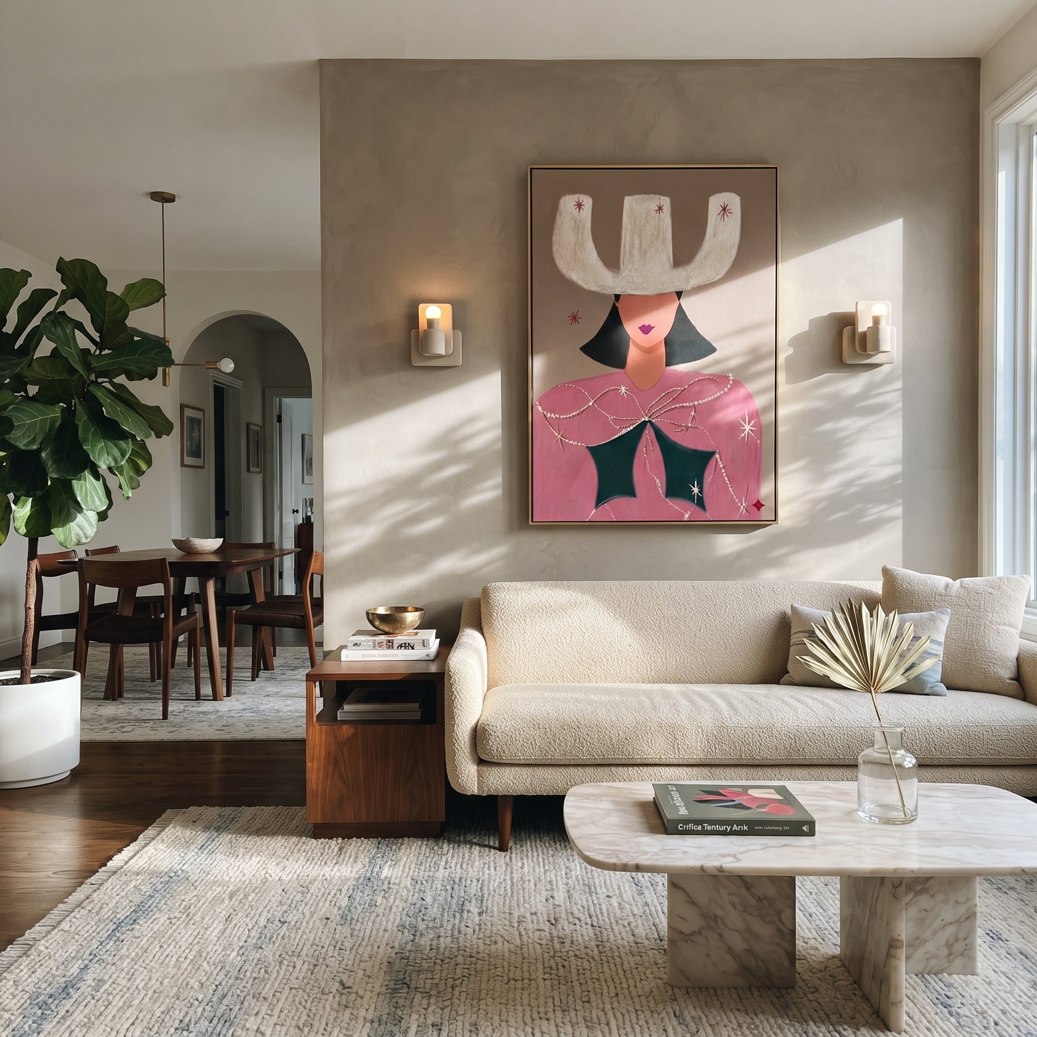 White Crown Frames Rose - surreal cowgirl portrait painting by Ethan Mercer, contemporary Western vertical wall art – styled room scene view 4
