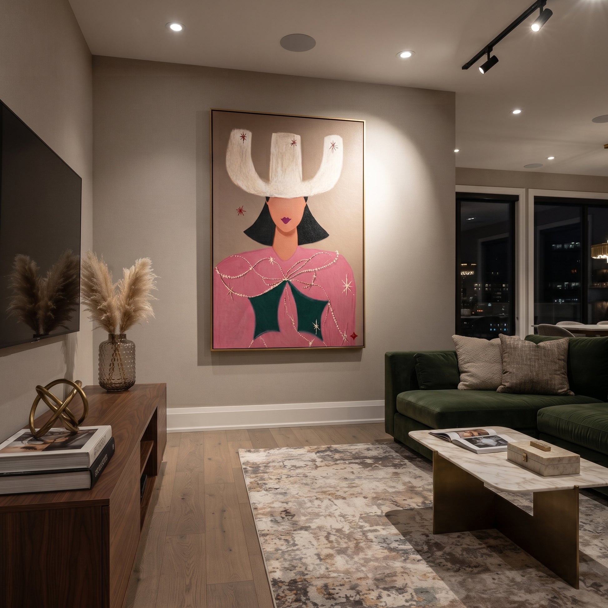 White Crown Frames Rose - surreal cowgirl portrait painting by Ethan Mercer, contemporary Western vertical wall art – styled room scene view 5