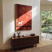 Two Pale Horses Wait - minimal two horse painting by Ethan Mercer, contemporary Western vertical wall art – styled room scene view 1