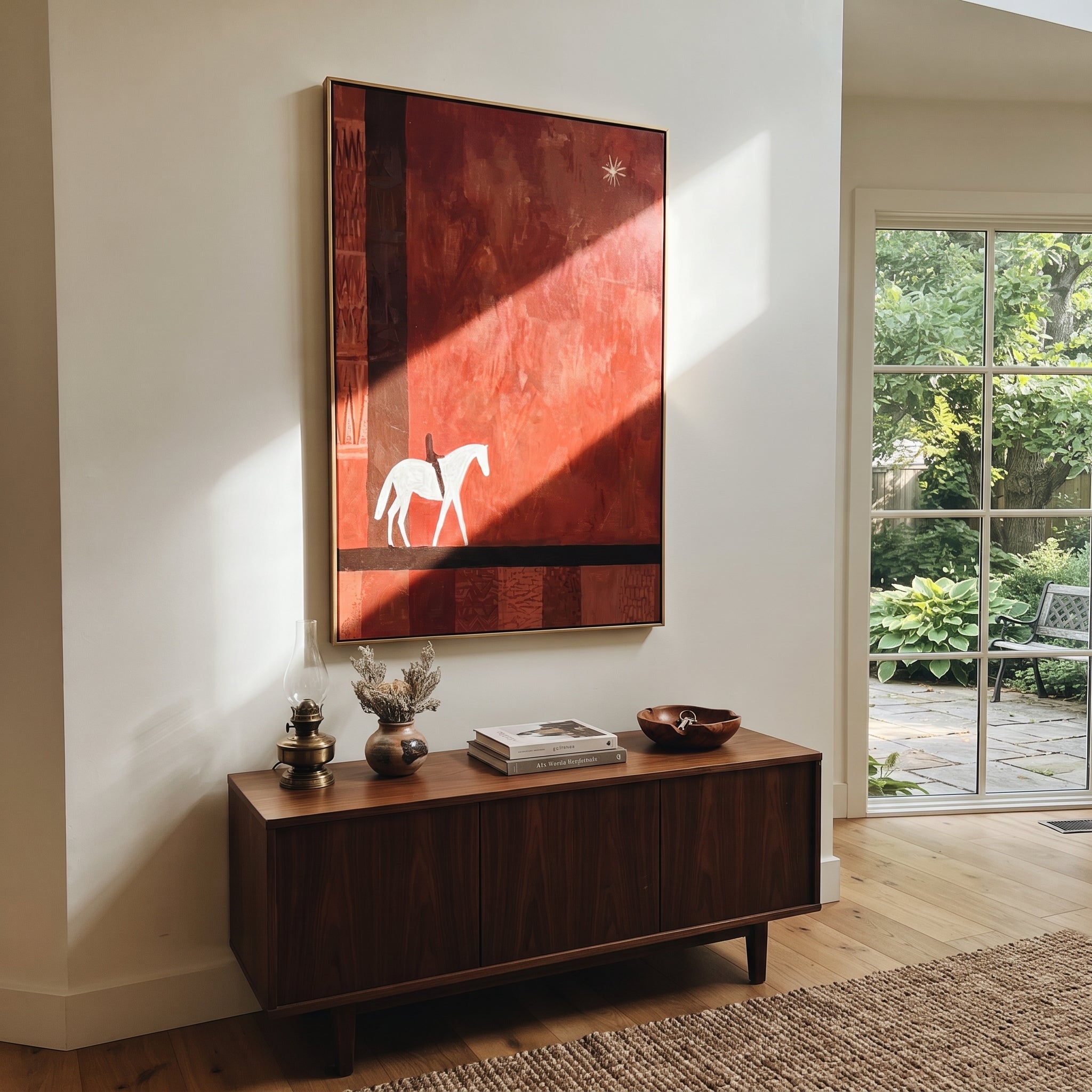 Two Pale Horses Wait - minimal two horse painting by Ethan Mercer, contemporary Western vertical wall art – styled room scene view 1