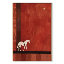 Two Pale Horses Wait - minimal two horse painting by Ethan Mercer, contemporary Western vertical wall art – wood frame on white background