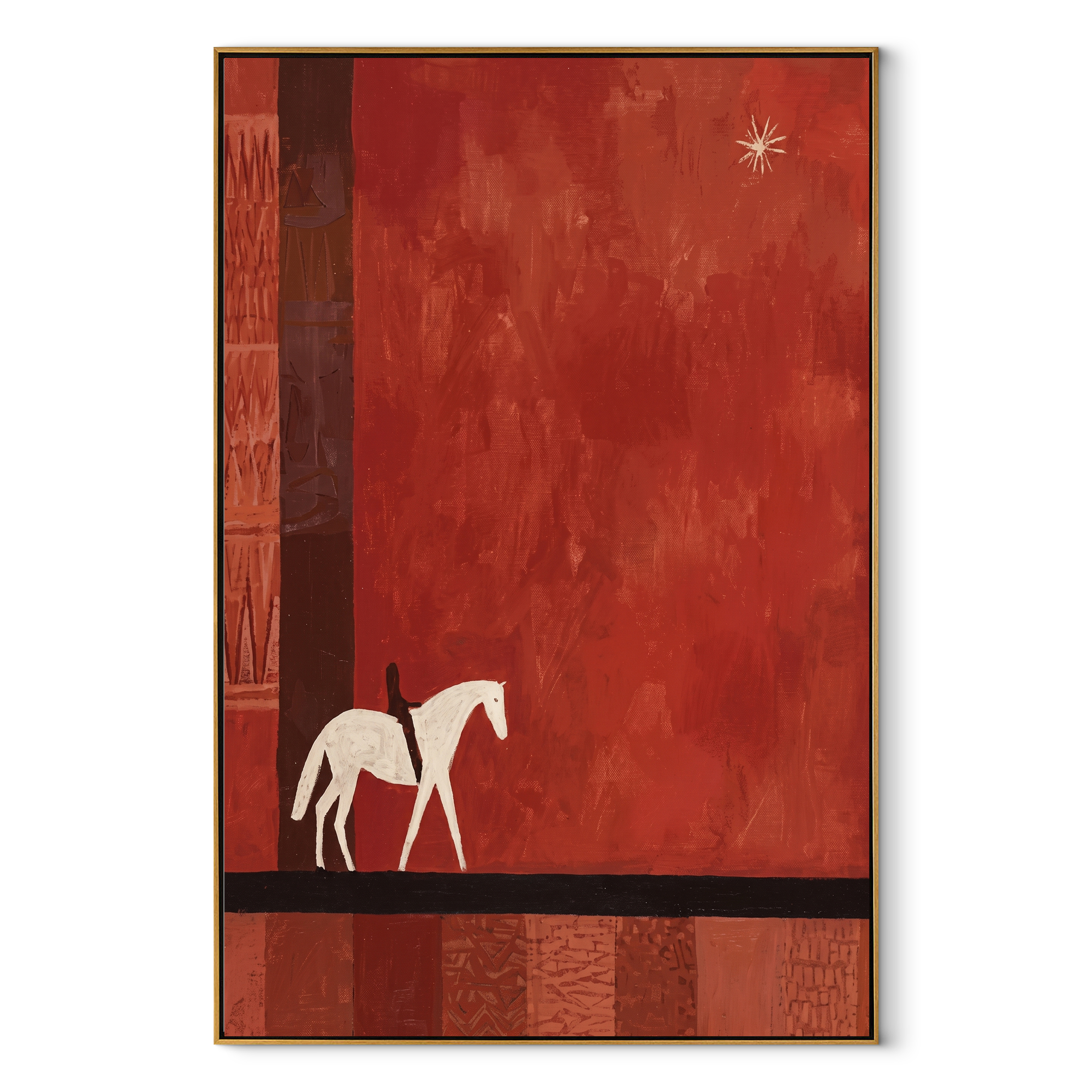 Two Pale Horses Wait - minimal two horse painting by Ethan Mercer, contemporary Western vertical wall art – wood frame on white background