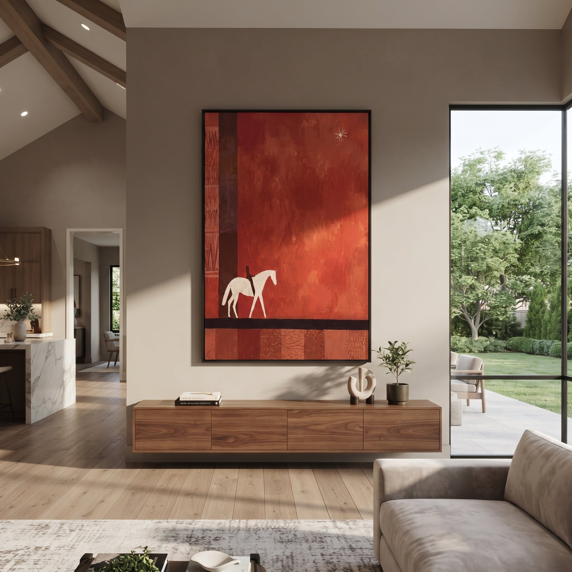 Two Pale Horses Wait - minimal two horse painting by Ethan Mercer, contemporary Western vertical wall art – styled room scene view 2