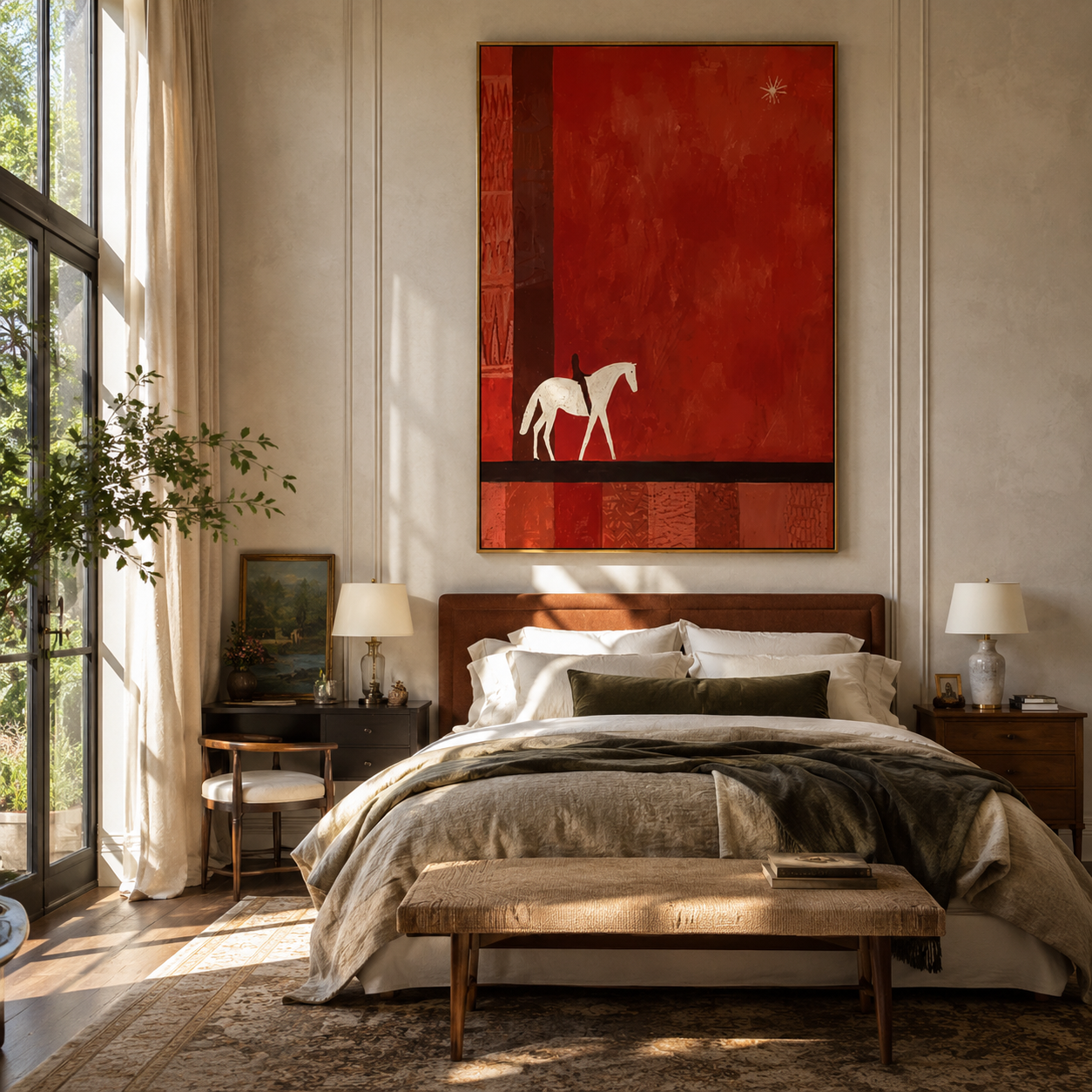 Two Pale Horses Wait - minimal two horse painting by Ethan Mercer, contemporary Western vertical wall art – styled room scene view 3