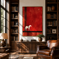 Two Pale Horses Wait - minimal two horse painting by Ethan Mercer, contemporary Western vertical wall art – styled room scene view 4
