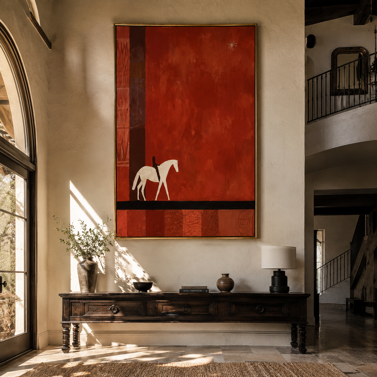 Two Pale Horses Wait - minimal two horse painting by Ethan Mercer, contemporary Western vertical wall art – styled room scene view 5