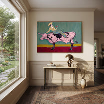 Pink Bull Crosses Teal - cowgirl bull wine painting by Ethan Mercer, contemporary Western horizontal wall art – styled room scene view 1