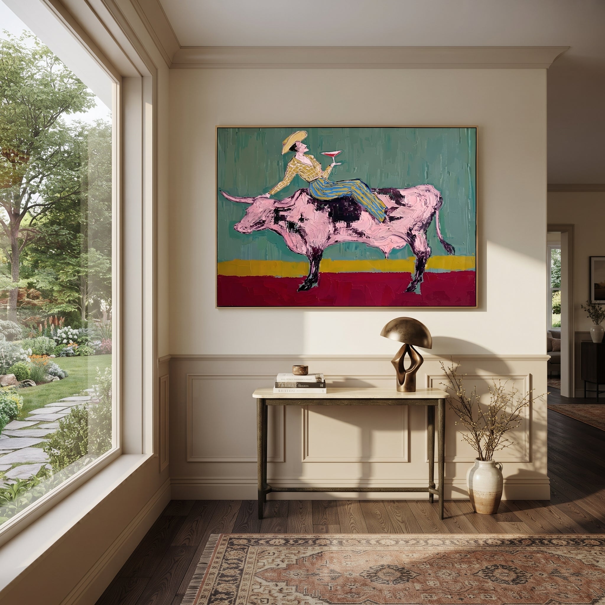 Pink Bull Crosses Teal - cowgirl bull wine painting by Ethan Mercer, contemporary Western horizontal wall art – styled room scene view 1