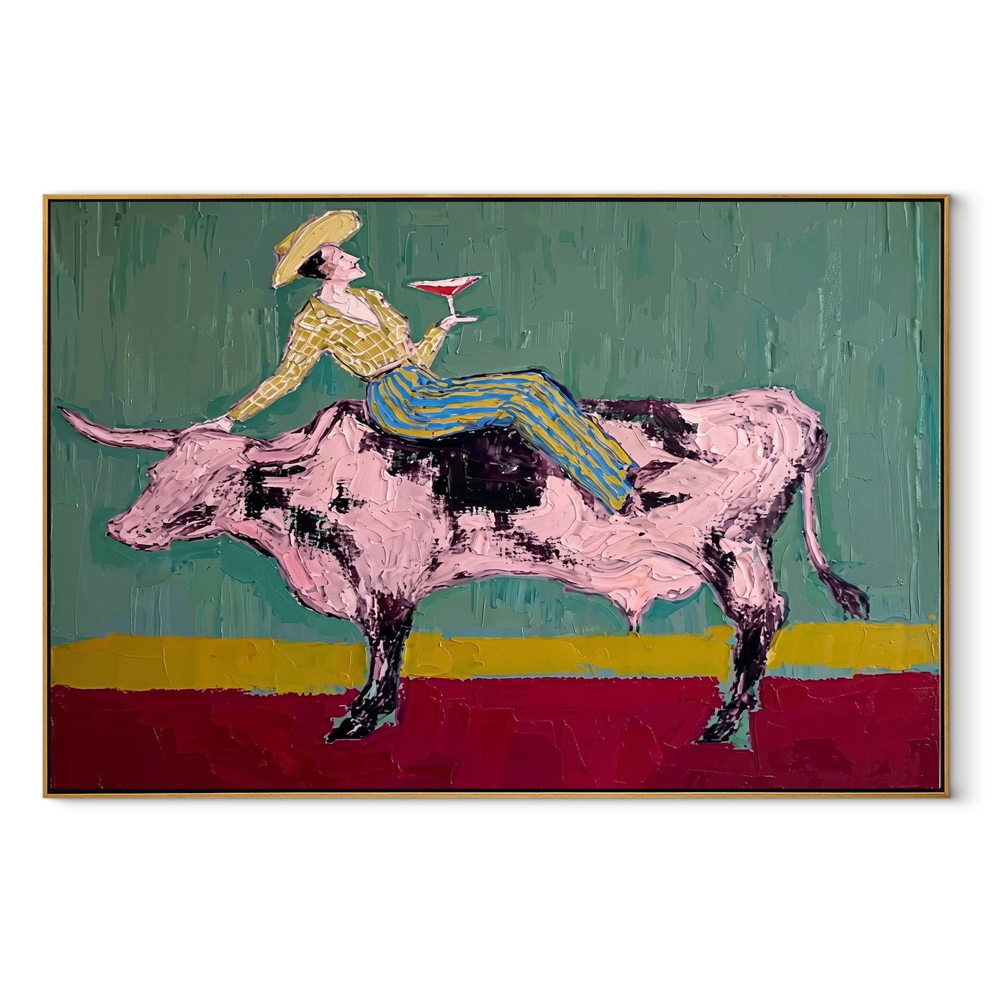 Pink Bull Crosses Teal - cowgirl bull wine painting by Ethan Mercer, contemporary Western horizontal wall art – wood frame on white background