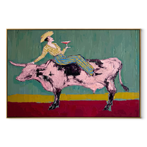 Pink Bull Crosses Teal - cowgirl bull wine painting by Ethan Mercer, contemporary Western horizontal wall art – wood frame on white background