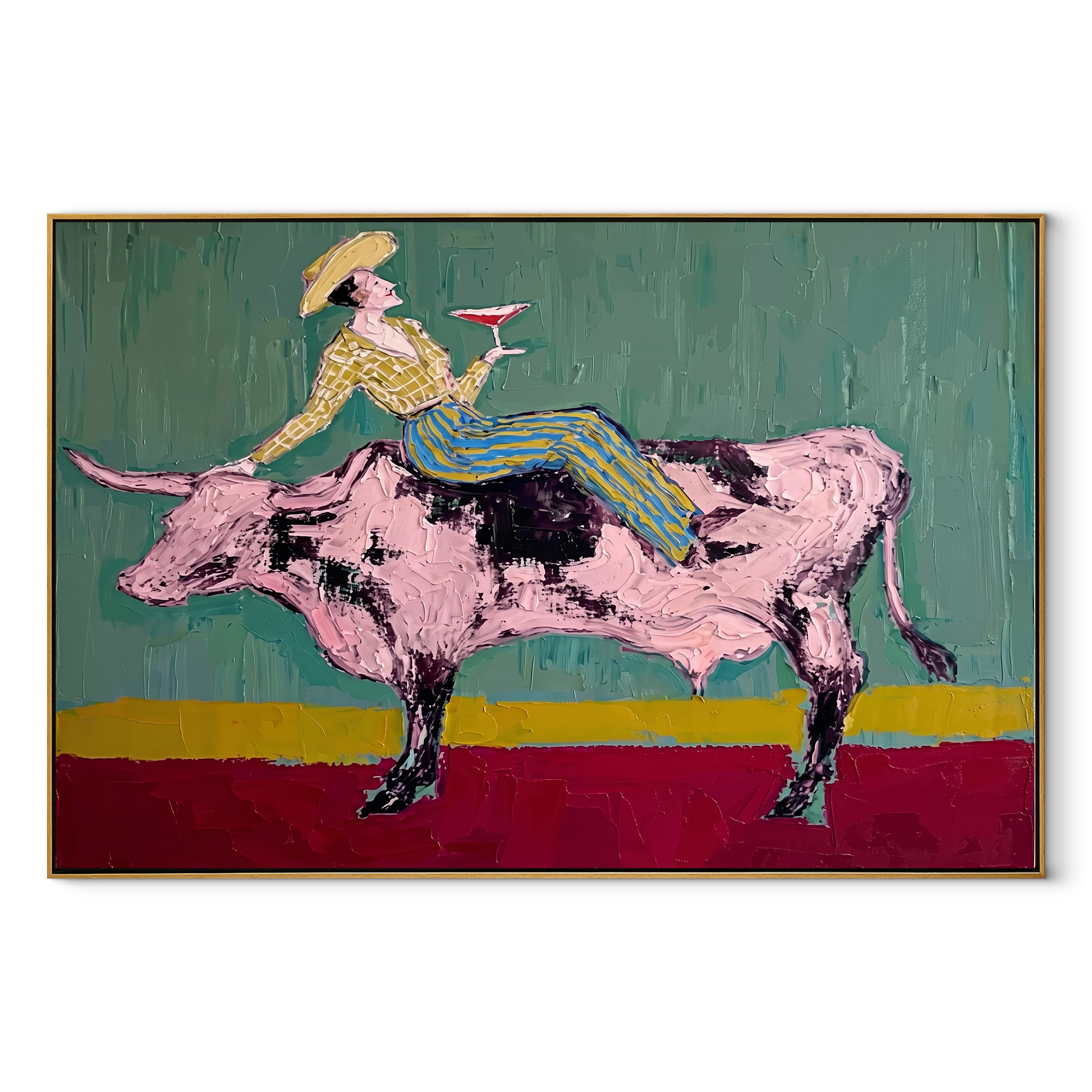 Pink Bull Crosses Teal - cowgirl bull wine painting by Ethan Mercer, contemporary Western horizontal wall art – wood frame on white background