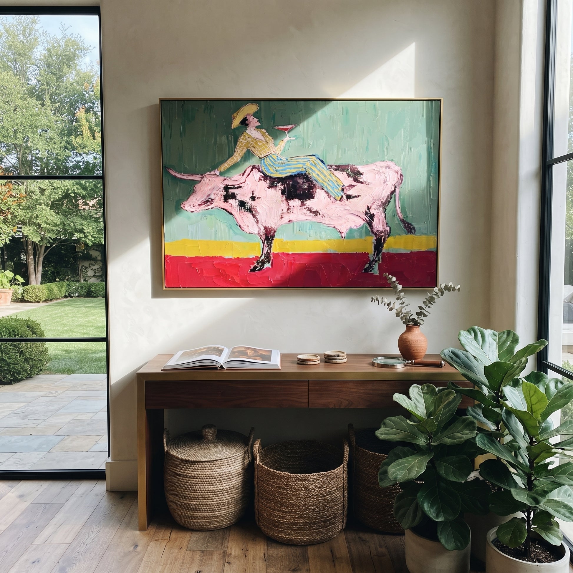 Pink Bull Crosses Teal - cowgirl bull wine painting by Ethan Mercer, contemporary Western horizontal wall art – styled room scene view 2