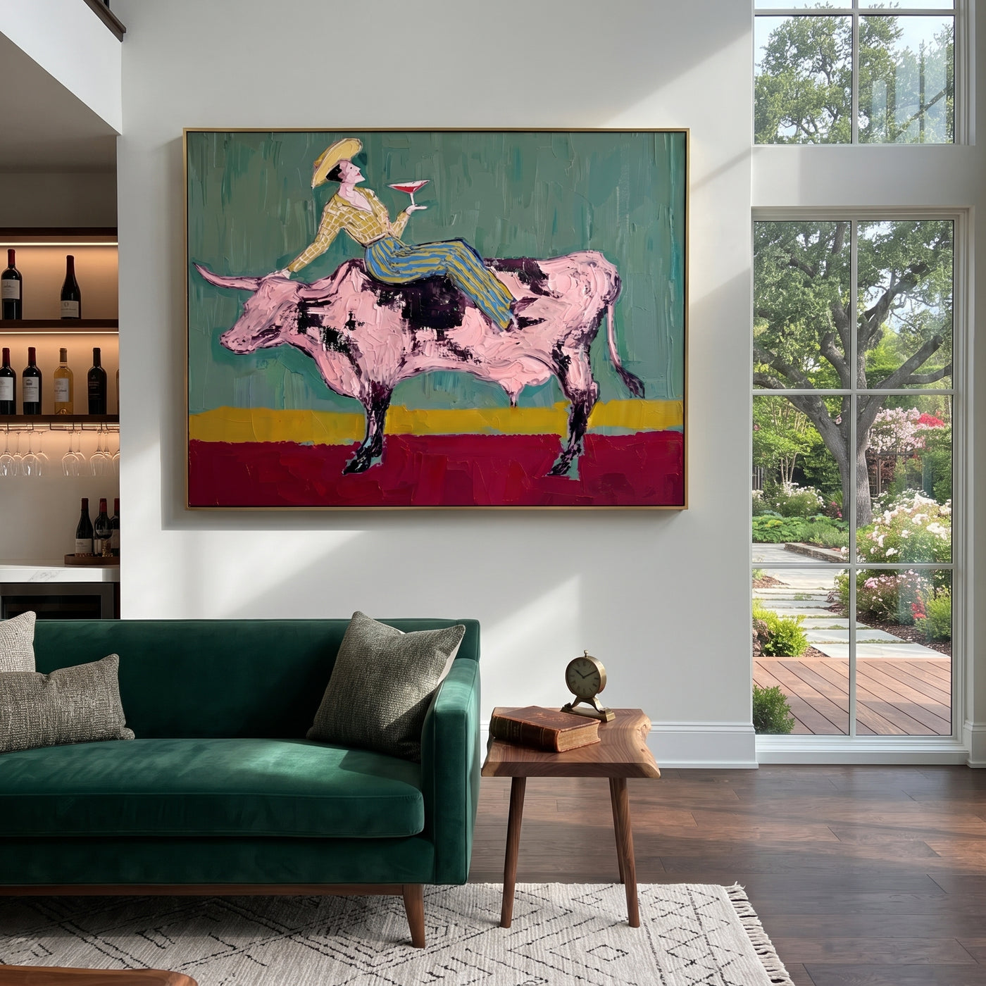 Pink Bull Crosses Teal - cowgirl bull wine painting by Ethan Mercer, contemporary Western horizontal wall art – styled room scene view 3