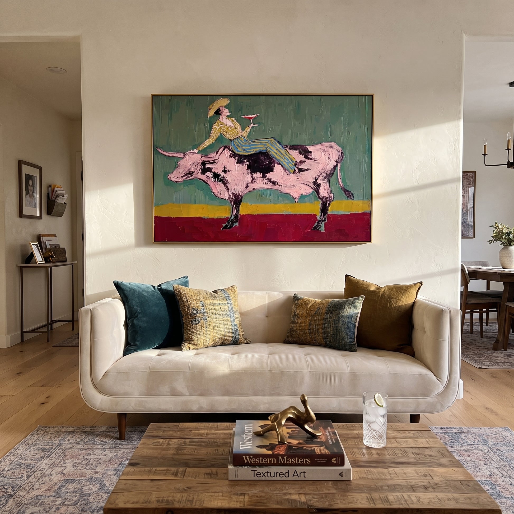 Pink Bull Crosses Teal - cowgirl bull wine painting by Ethan Mercer, contemporary Western horizontal wall art – styled room scene view 5