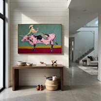 Pink Bull Crosses Teal - cowgirl bull wine painting by Ethan Mercer, contemporary Western horizontal wall art – styled room scene view 6