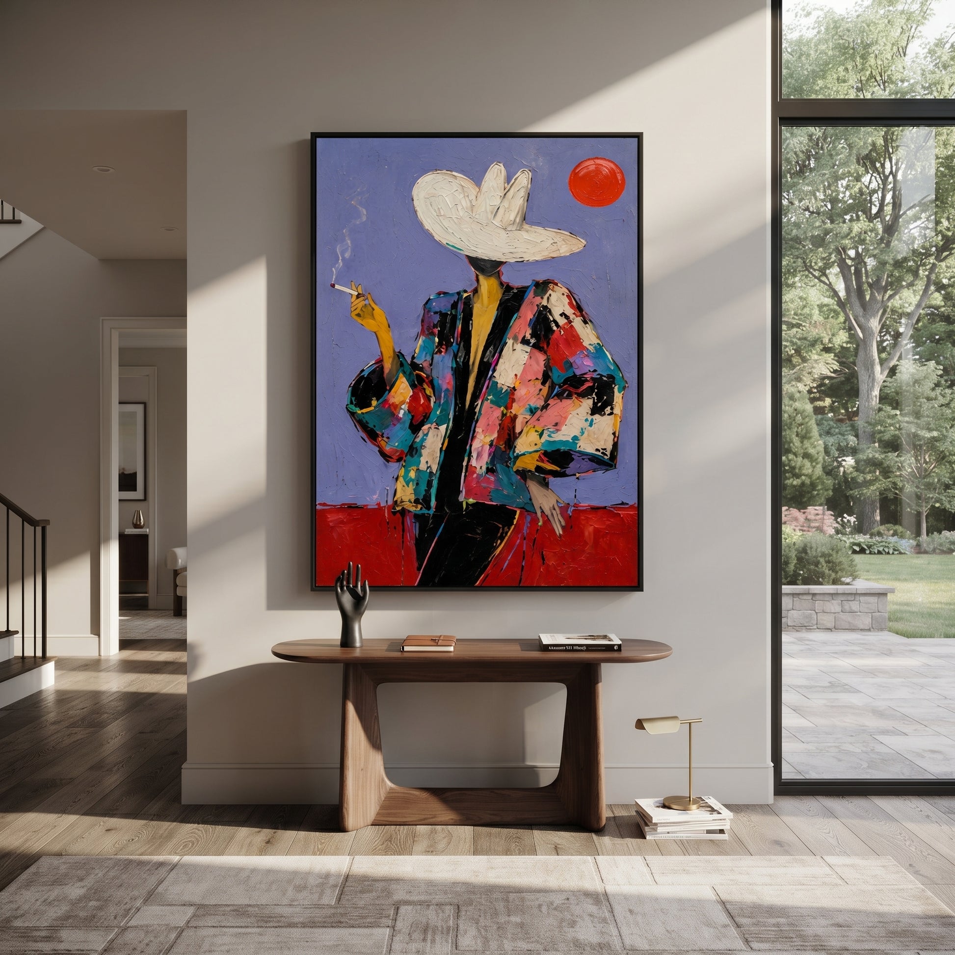 Red Sun Watches Smoke - smoking western figure painting by Ethan Mercer, contemporary Western vertical wall art – styled room scene view 1
