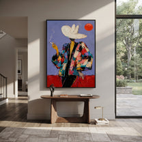 Red Sun Watches Smoke - smoking western figure painting by Ethan Mercer, contemporary Western vertical wall art – styled room scene view 1