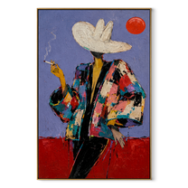 Red Sun Watches Smoke - smoking western figure painting by Ethan Mercer, contemporary Western vertical wall art – wood frame on white background