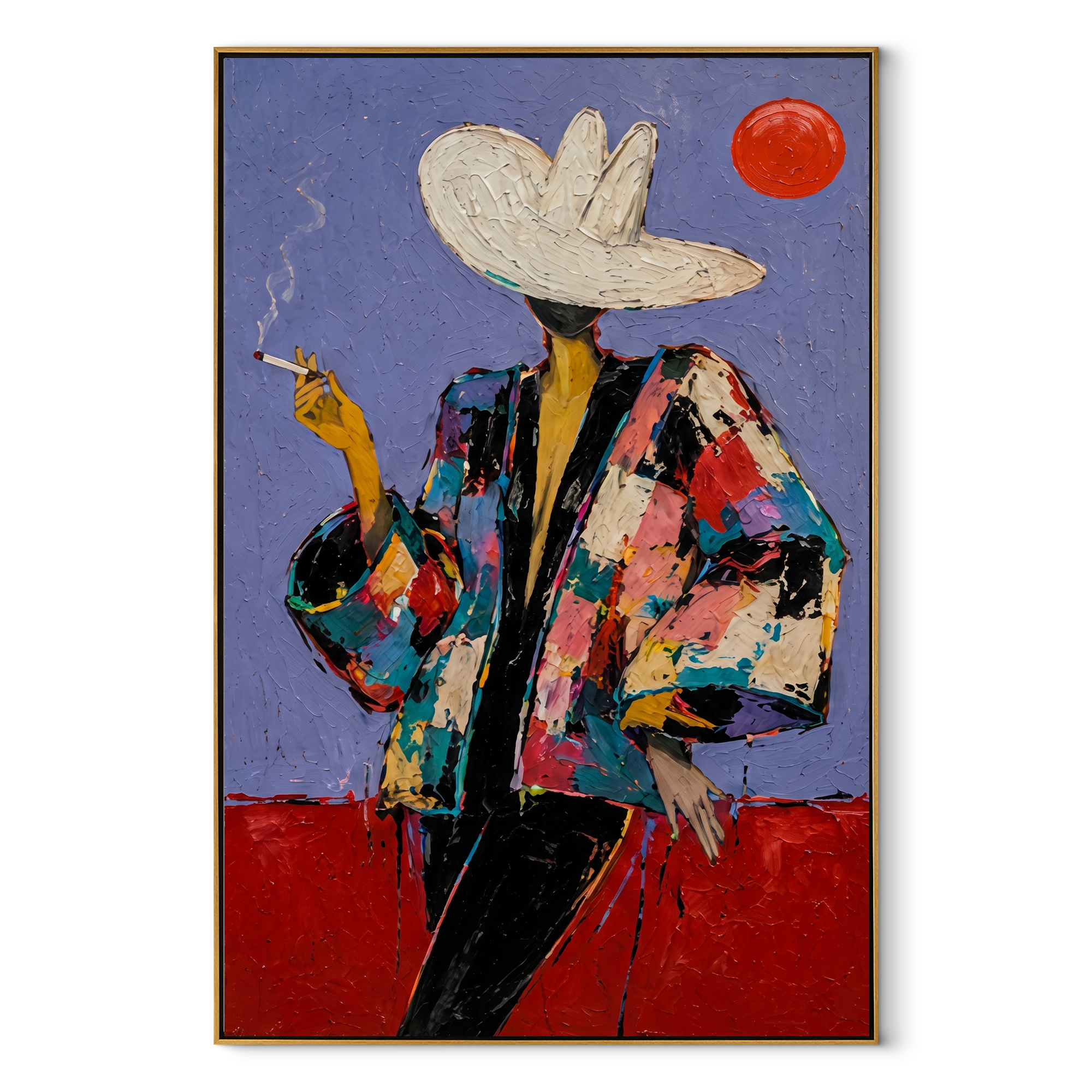 Red Sun Watches Smoke - smoking western figure painting by Ethan Mercer, contemporary Western vertical wall art – wood frame on white background