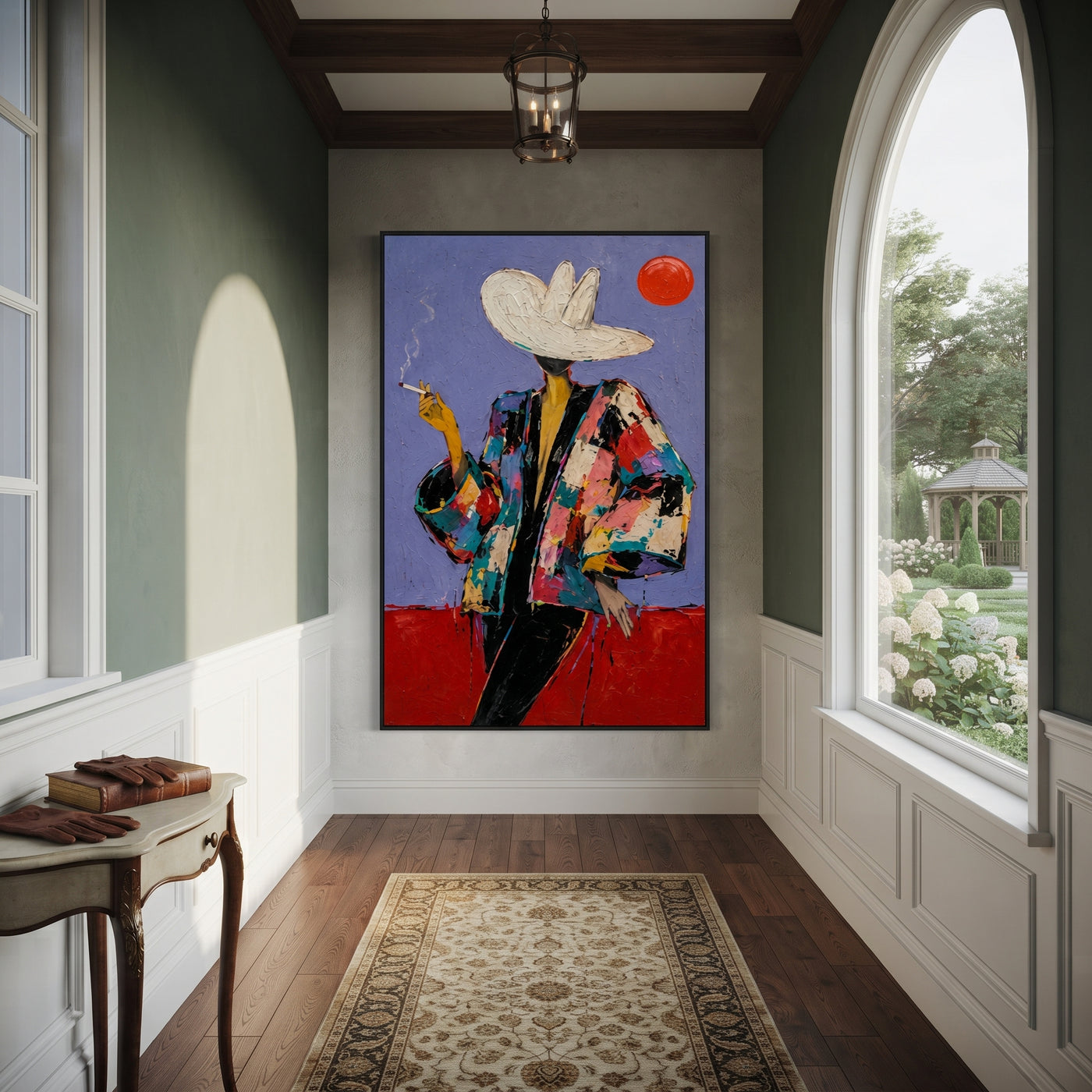 Red Sun Watches Smoke - smoking western figure painting by Ethan Mercer, contemporary Western vertical wall art – styled room scene view 2
