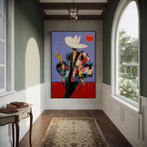 Red Sun Watches Smoke - smoking western figure painting by Ethan Mercer, contemporary Western vertical wall art – styled room scene view 2