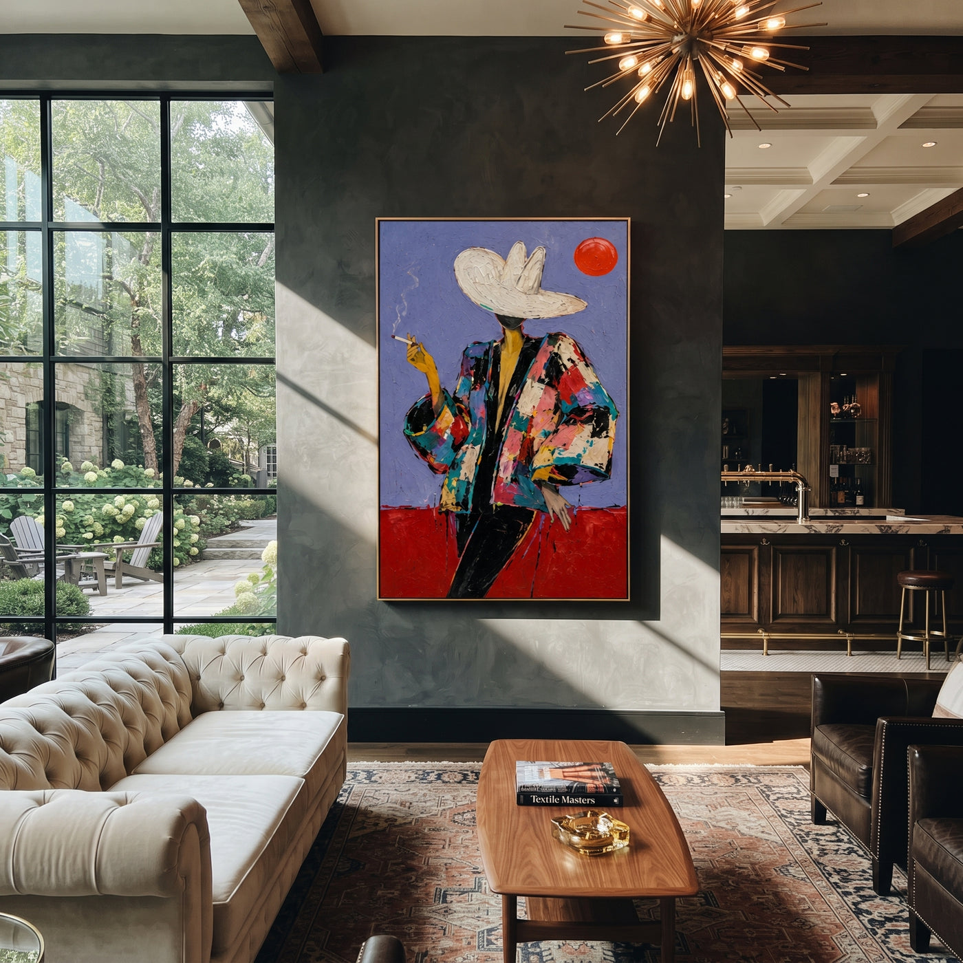 Red Sun Watches Smoke - smoking western figure painting by Ethan Mercer, contemporary Western vertical wall art – styled room scene view 3