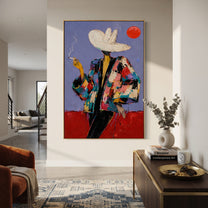 Red Sun Watches Smoke - smoking western figure painting by Ethan Mercer, contemporary Western vertical wall art – styled room scene view 4