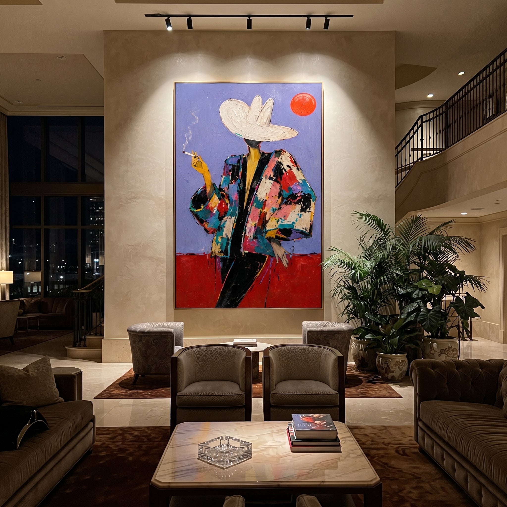 Red Sun Watches Smoke - smoking western figure painting by Ethan Mercer, contemporary Western vertical wall art – styled room scene view 5
