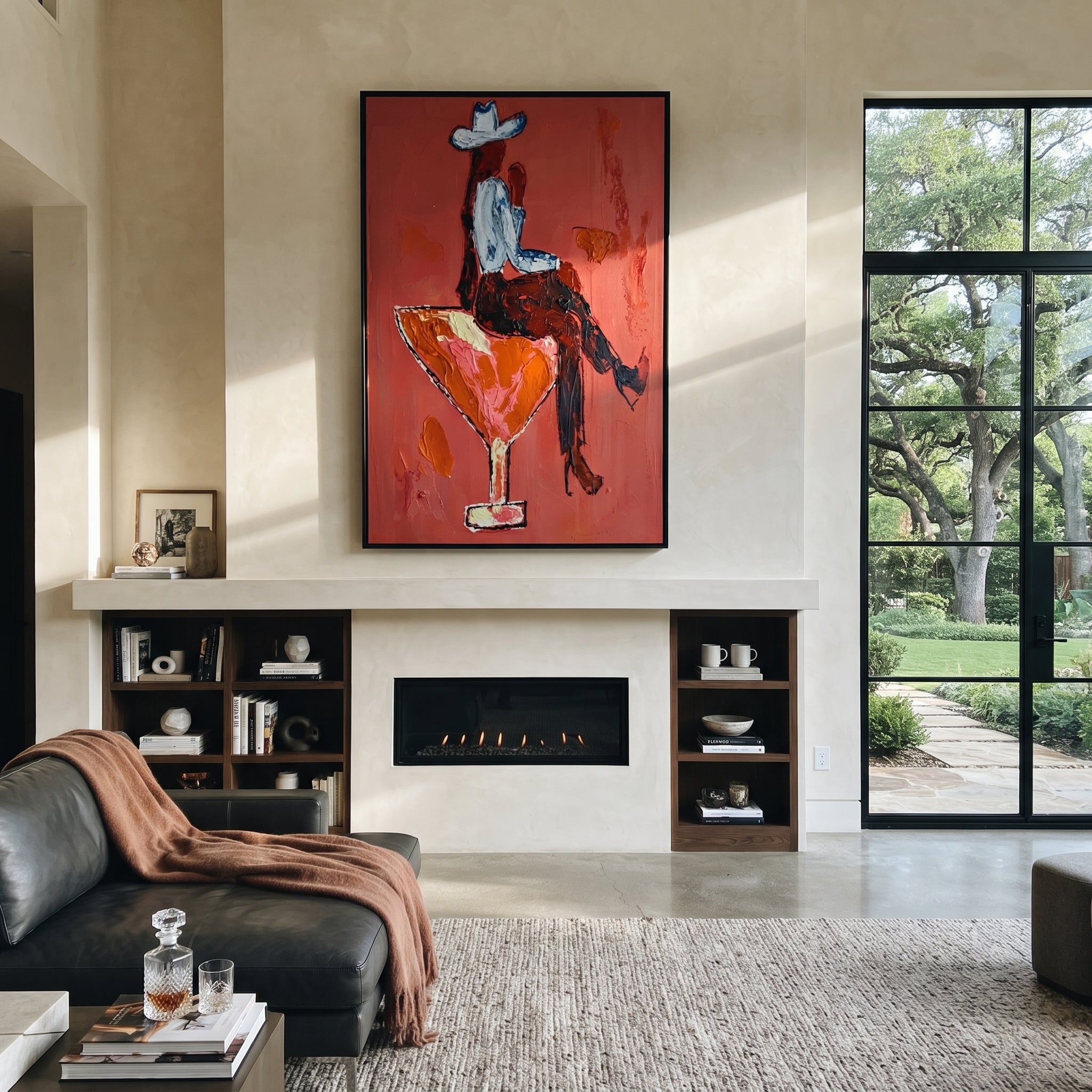 Crimson Glass Carries Rider - cowboy riding cocktail painting by Ethan Mercer, contemporary Western vertical wall art – styled room scene view 1