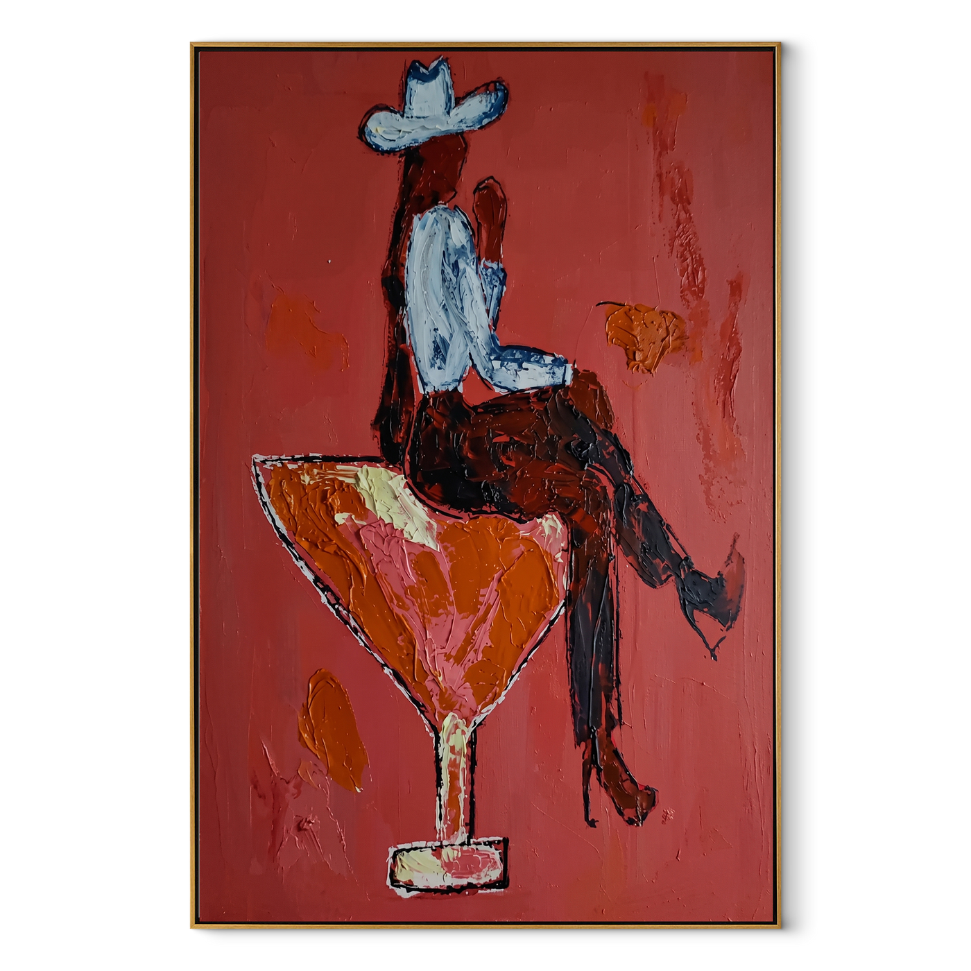 Crimson Glass Carries Rider - cowboy riding cocktail painting by Ethan Mercer, contemporary Western vertical wall art – wood frame on white background