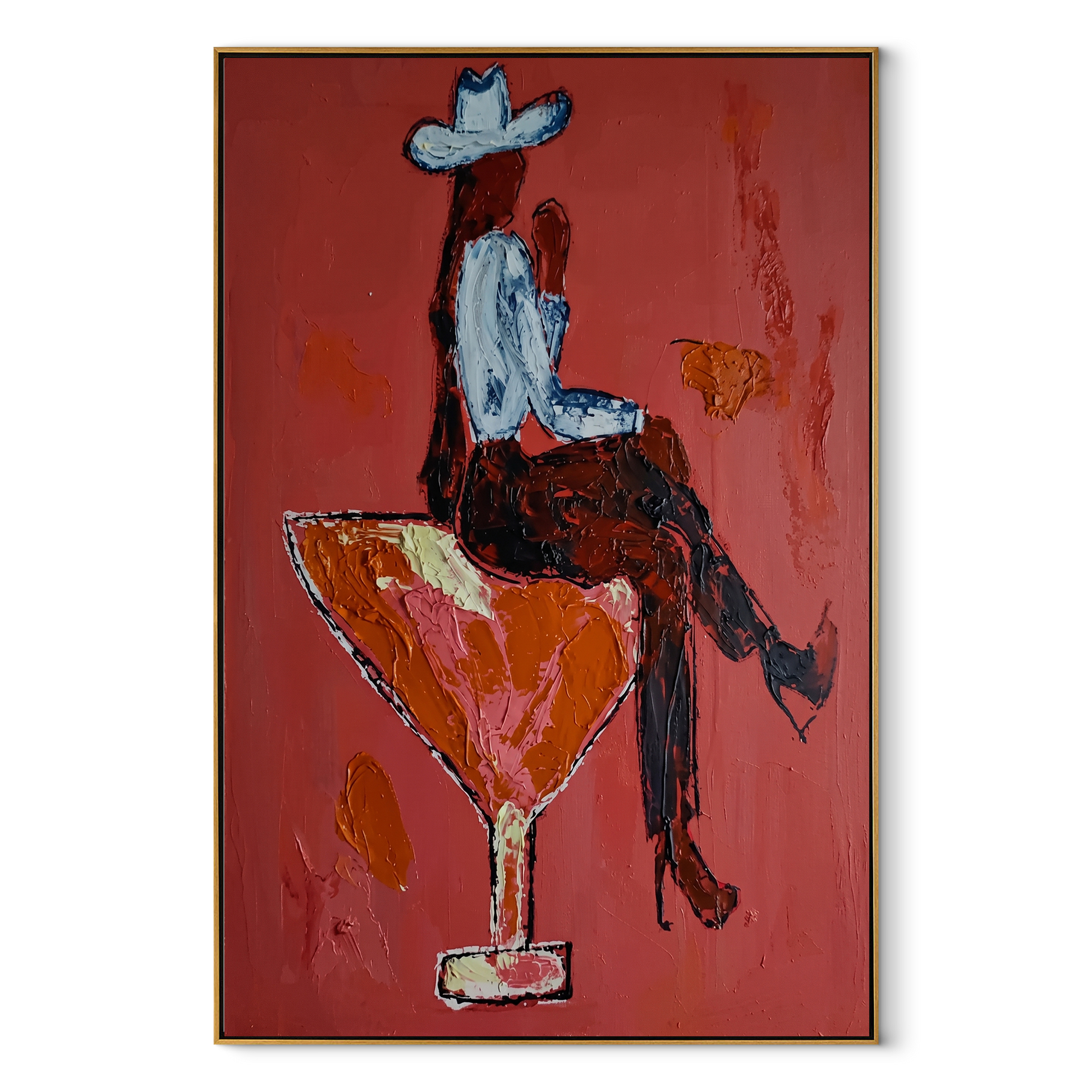 Crimson Glass Carries Rider - cowboy riding cocktail painting by Ethan Mercer, contemporary Western vertical wall art – wood frame on white background