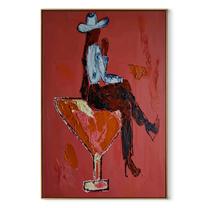 Crimson Glass Carries Rider - cowboy riding cocktail painting by Ethan Mercer, contemporary Western vertical wall art – wood frame on white background