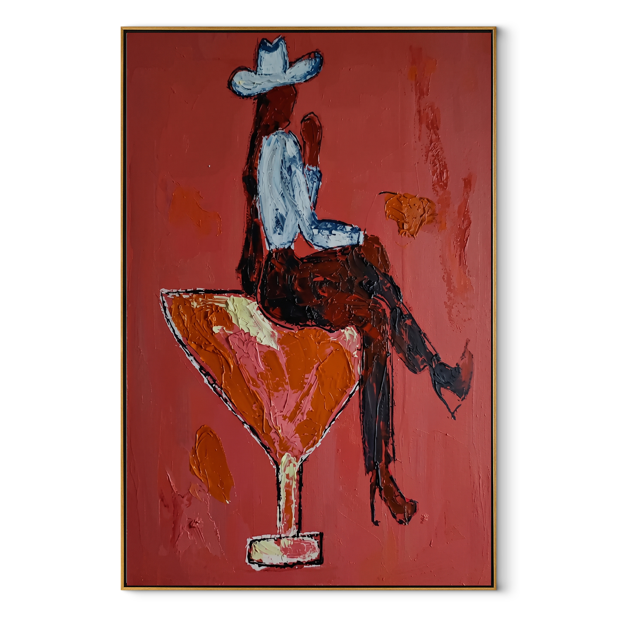 Crimson Glass Carries Rider - cowboy riding cocktail painting by Ethan Mercer, contemporary Western vertical wall art – wood frame on white background