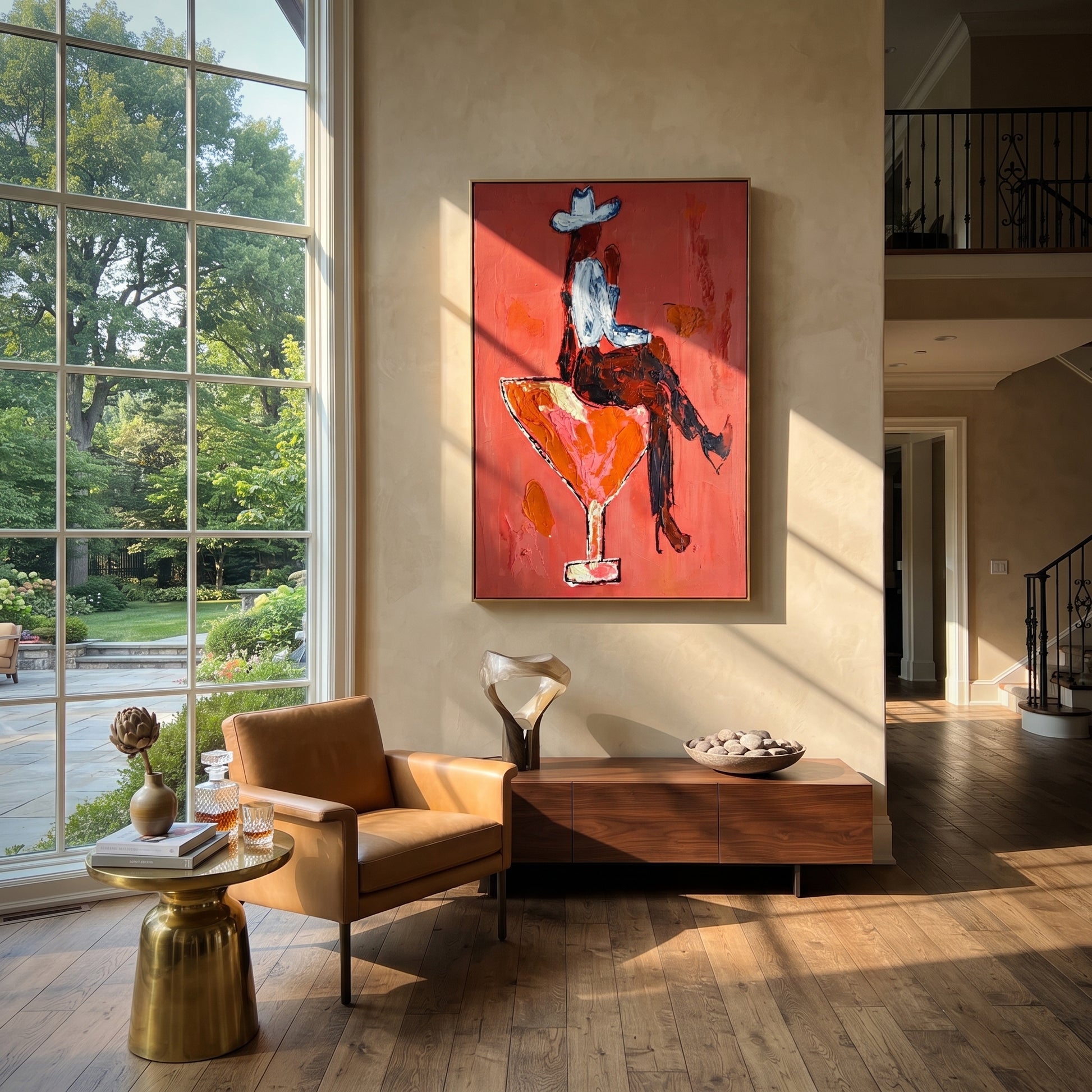 Crimson Glass Carries Rider - cowboy riding cocktail painting by Ethan Mercer, contemporary Western vertical wall art – styled room scene view 2