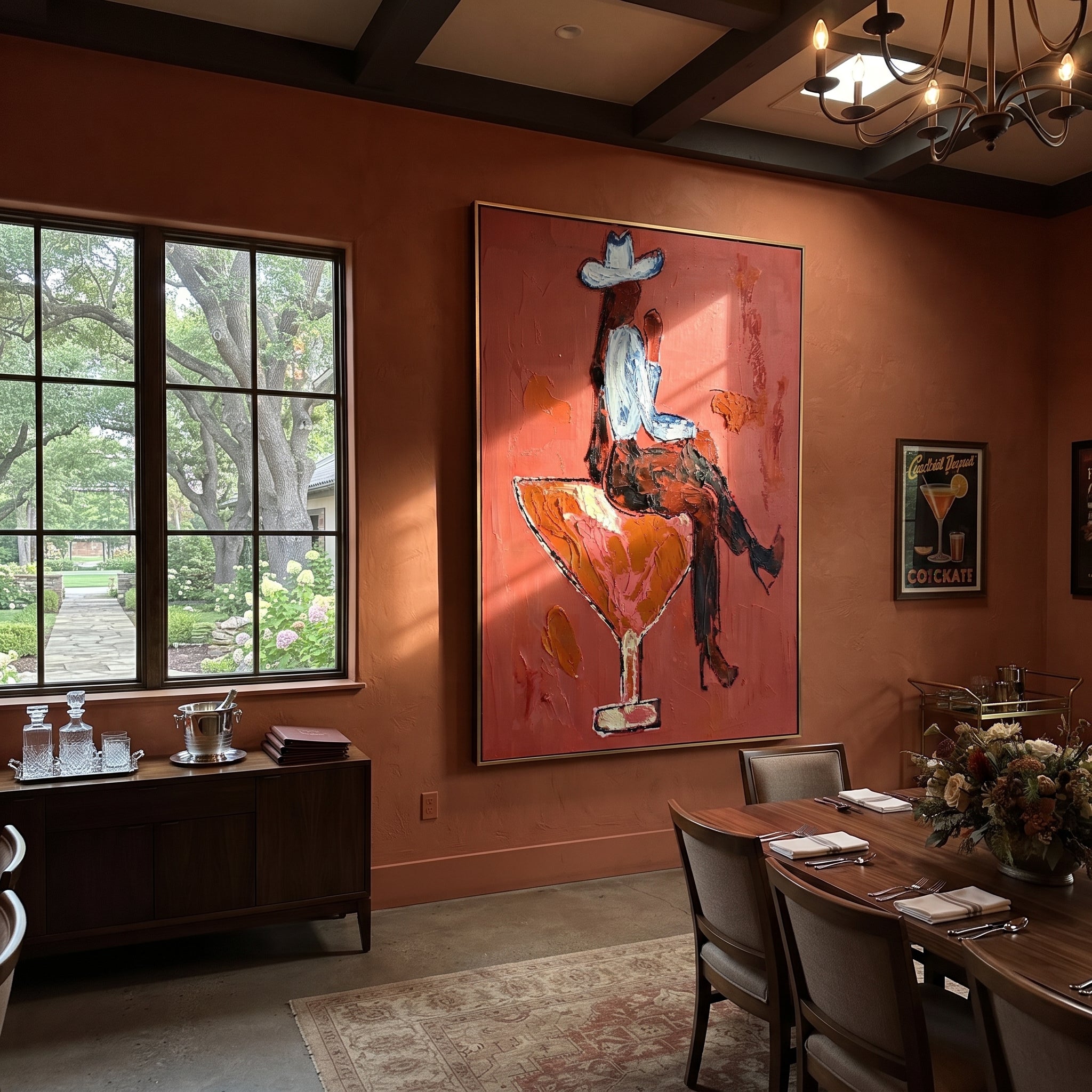 Crimson Glass Carries Rider - cowboy riding cocktail painting by Ethan Mercer, contemporary Western vertical wall art – styled room scene view 4