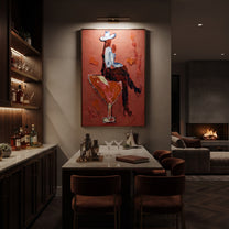 Crimson Glass Carries Rider - cowboy riding cocktail painting by Ethan Mercer, contemporary Western vertical wall art – styled room scene view 5