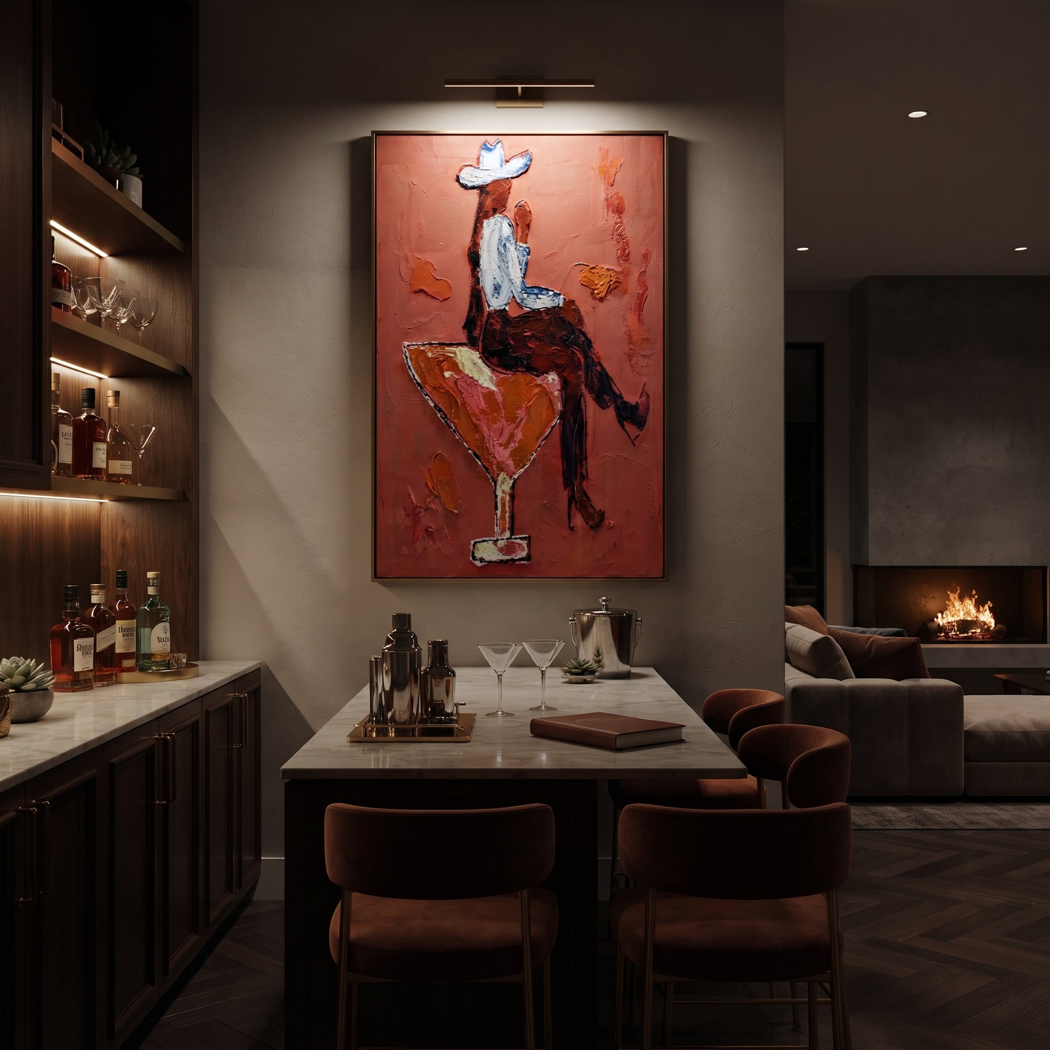 Crimson Glass Carries Rider - cowboy riding cocktail painting by Ethan Mercer, contemporary Western vertical wall art – styled room scene view 5