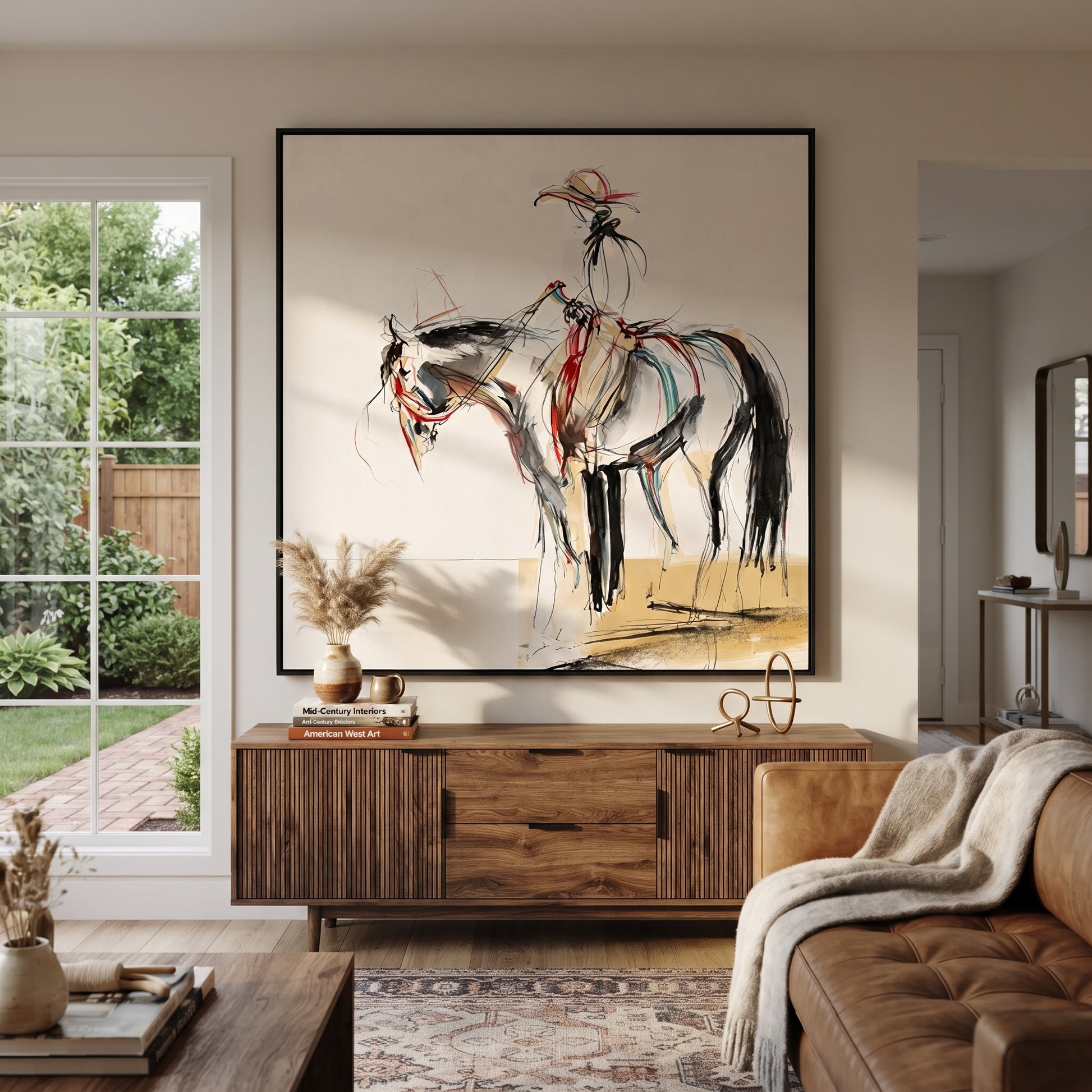 Fine Reins Draw Silence - ink rider horse sketch by Ethan Mercer, contemporary Western square wall art – styled room scene view 1