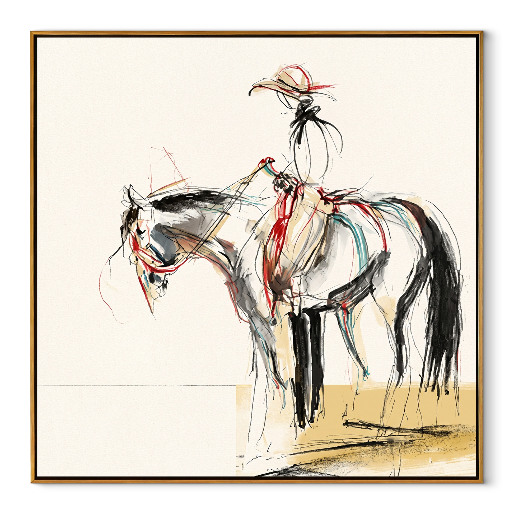Fine Reins Draw Silence - ink rider horse sketch by Ethan Mercer, contemporary Western square wall art – wood frame on white background