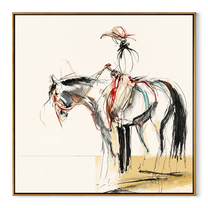 Fine Reins Draw Silence - ink rider horse sketch by Ethan Mercer, contemporary Western square wall art – wood frame on white background