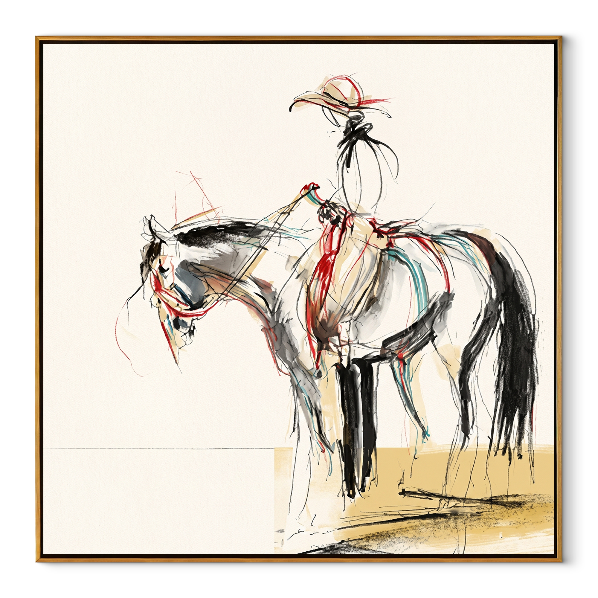 Fine Reins Draw Silence - ink rider horse sketch by Ethan Mercer, contemporary Western square wall art – wood frame on white background
