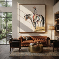 Fine Reins Draw Silence - ink rider horse sketch by Ethan Mercer, contemporary Western square wall art – styled room scene view 2