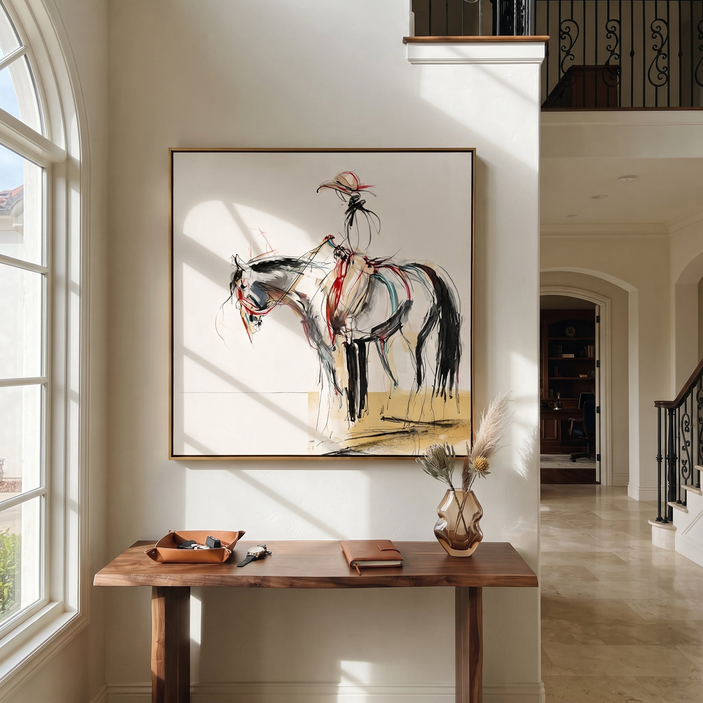 Fine Reins Draw Silence - ink rider horse sketch by Ethan Mercer, contemporary Western square wall art – styled room scene view 3