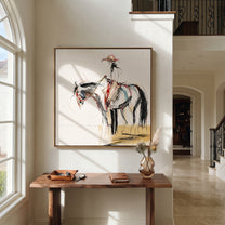 Fine Reins Draw Silence - ink rider horse sketch by Ethan Mercer, contemporary Western square wall art – styled room scene view 3