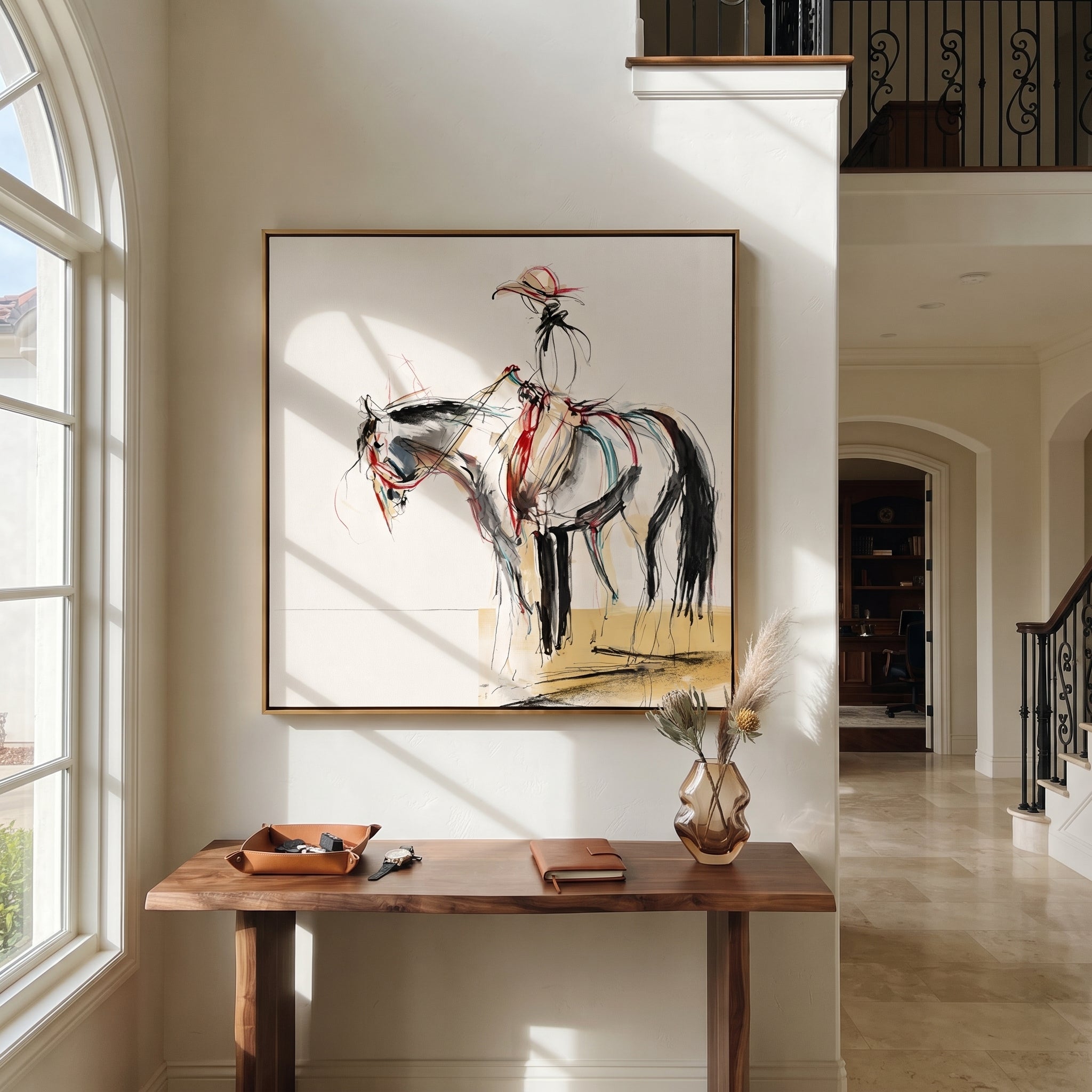 Fine Reins Draw Silence - ink rider horse sketch by Ethan Mercer, contemporary Western square wall art – styled room scene view 3