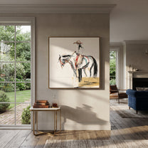 Fine Reins Draw Silence - ink rider horse sketch by Ethan Mercer, contemporary Western square wall art – styled room scene view 4